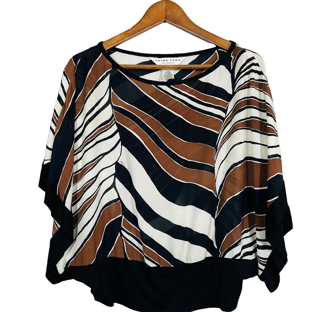 Vintage Trina Turk Y2K Silk Tunic Top Mid Mod Abstract Print Knit Waist - S
